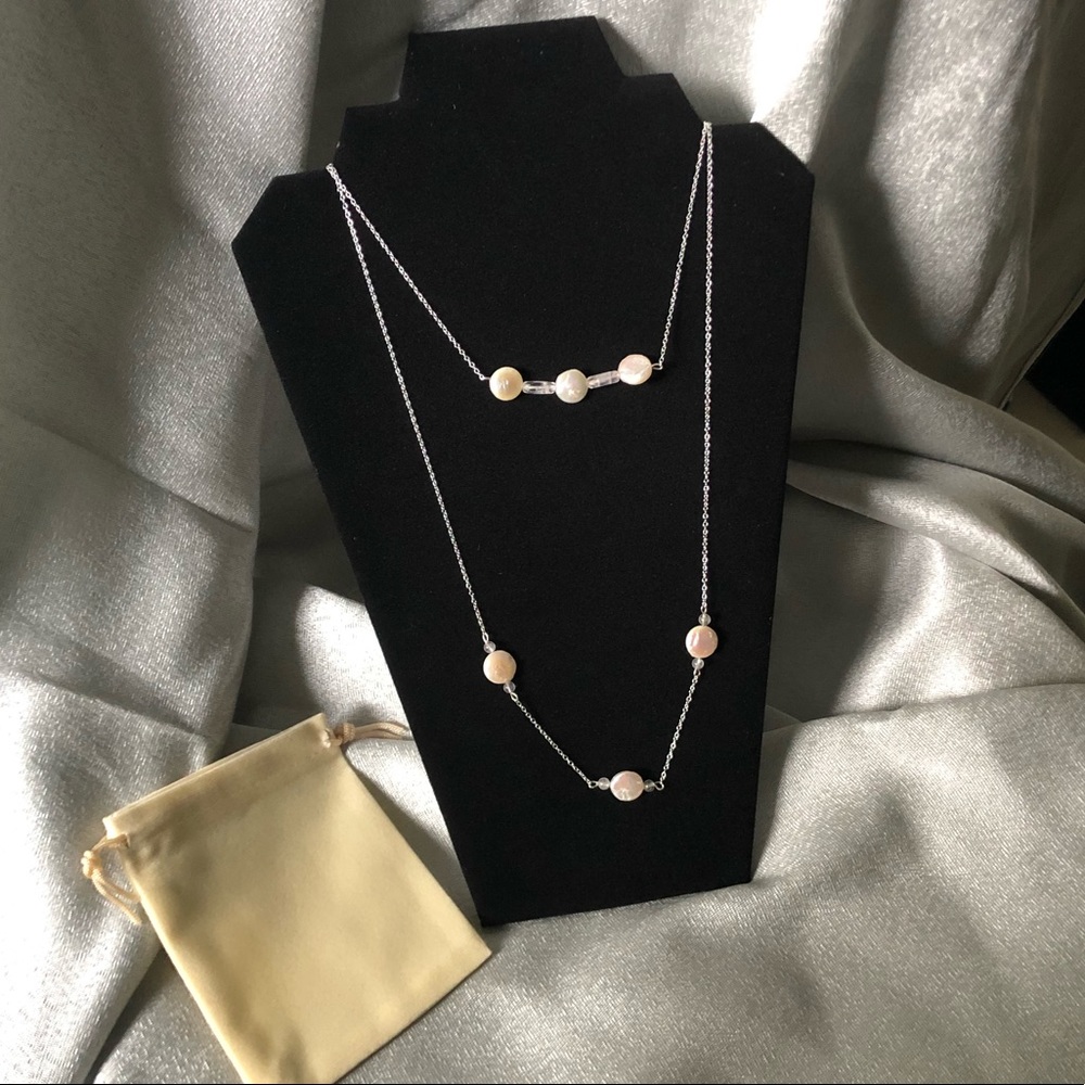 Layered Rose Quartz and Coin Pearl Necklace